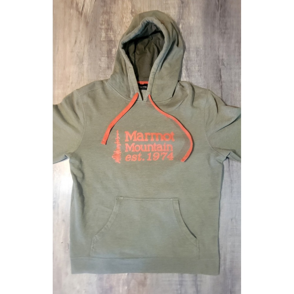 Marmot Mountain Est 1974 Graphic Hoodie Mens Large Green Orange Pullover SCC-240